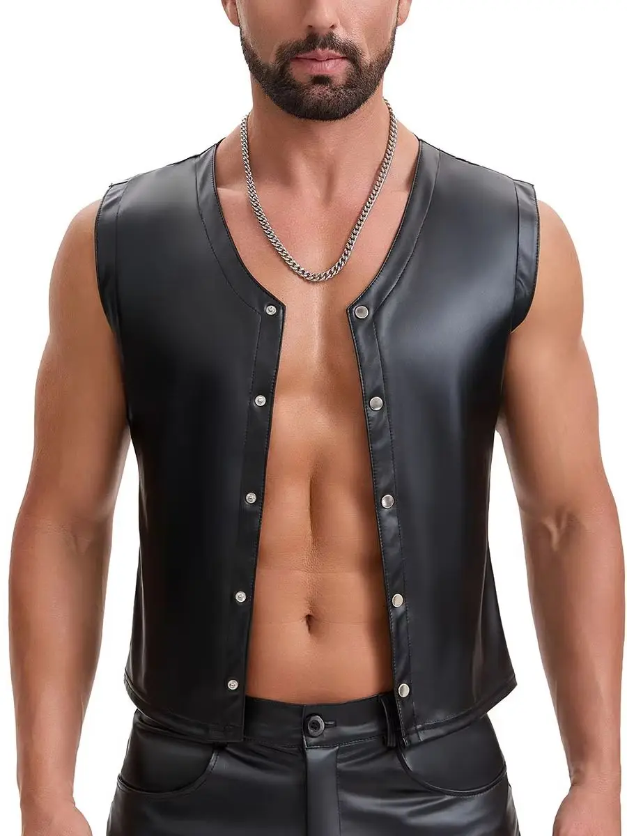 Men PU Leather Tank Top Sleeveless Single Breasted Shirts Biker Motorcycle Waistcoat Jacket Punk Vest Tights Weskit Gilet Top