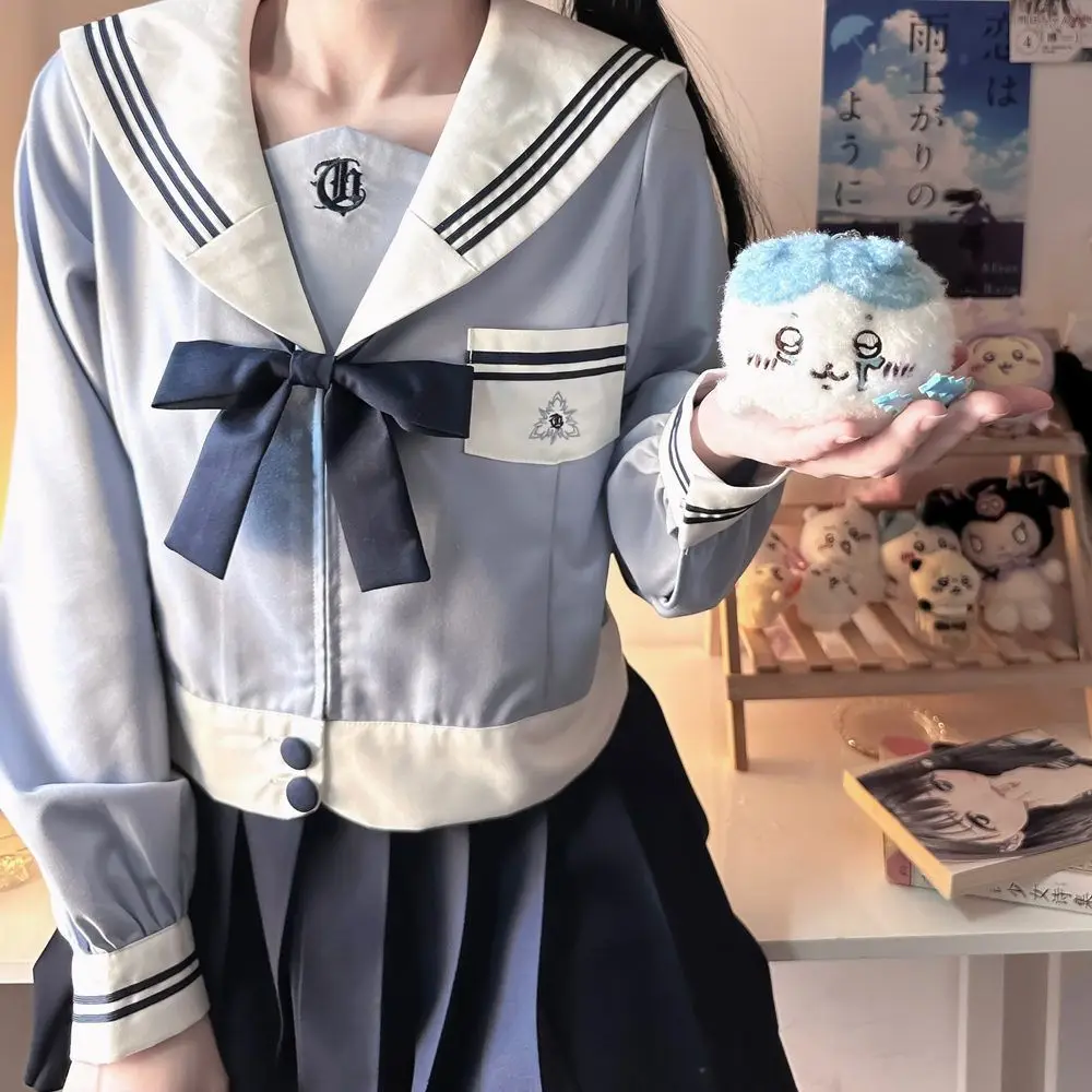 Japan JK Blue School Style Suit Skirt Suit Girls Long Sleeve Navy Collar Bow Collegiate Style Sailor Clothes Goldfish Bow