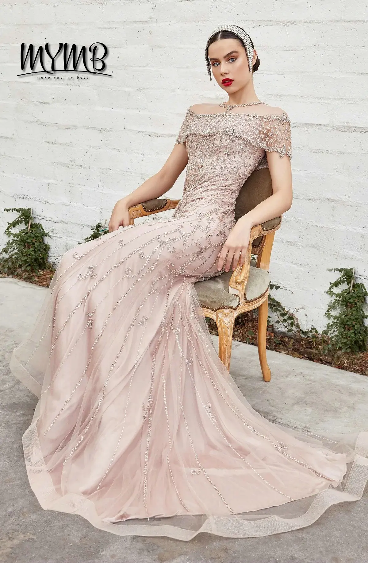 MYMB Crystal Diamond Mermaid Sheath Formal Evening  Gowns Luxurious Dubai Short Sleeves Wedding Party Dresses Customized DJH0714