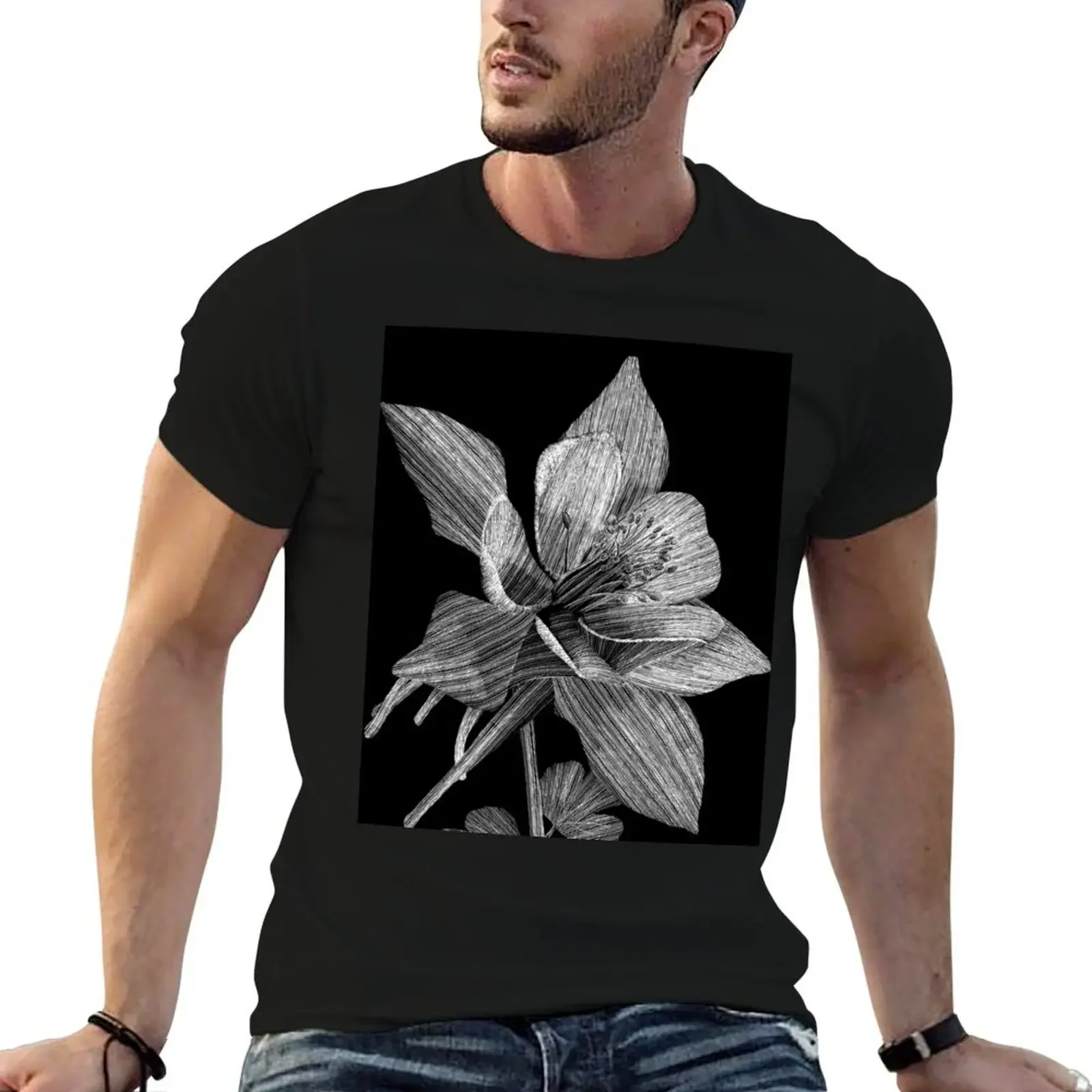 

Columbine Flower Scratch Art Illustration T-Shirt Aesthetic clothing blacks fitted t shirts for men
