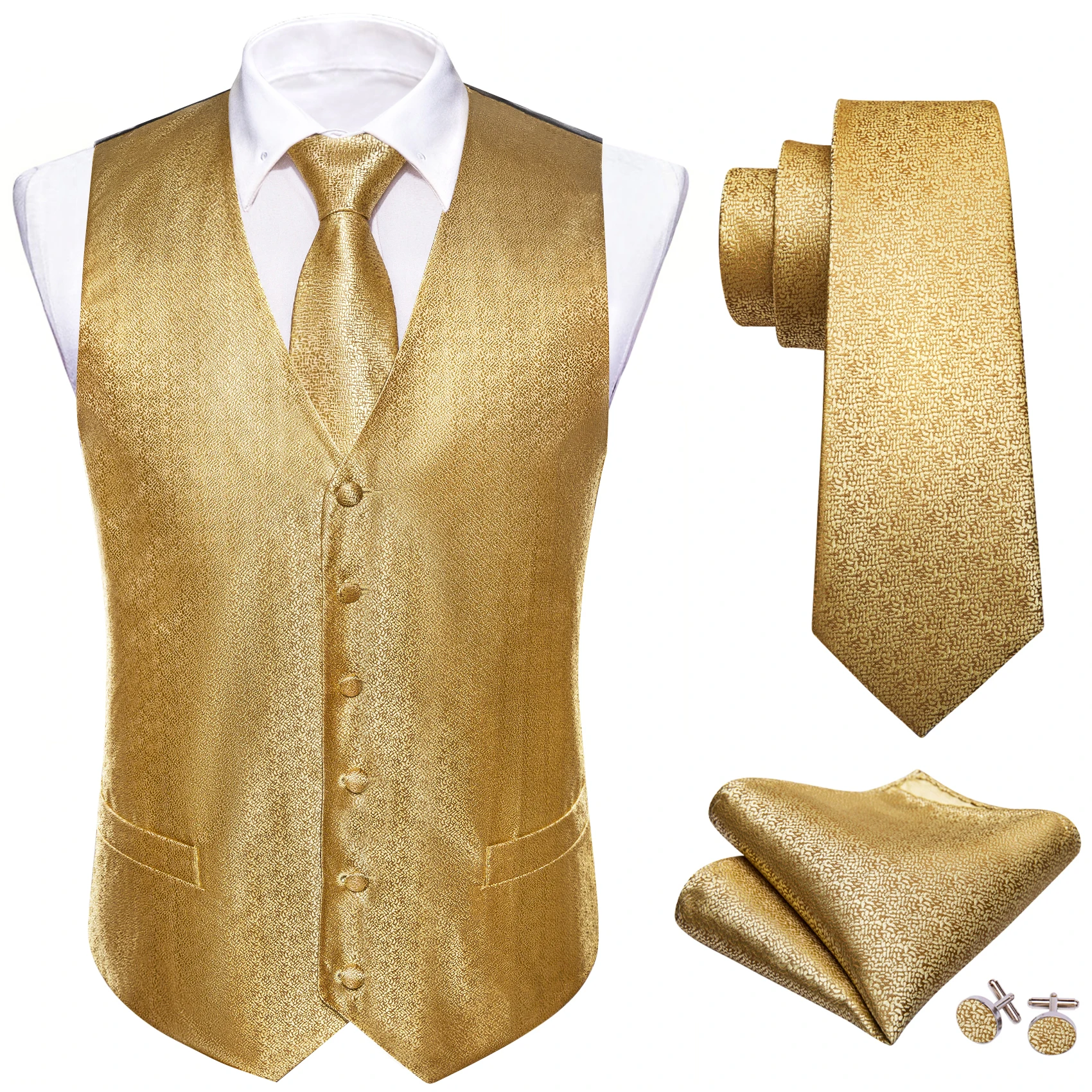 Mens\'s Suit Vest Gold Yellow Paisley Sold Flower Embroidered Waistcoat Tie Hanky Formal Sleeveless Jacket Barry Wang