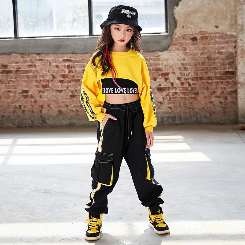 Hip Hop Girls Crop Top Contrast Street Dance Cargo Pants Children Sweatshirt Joggers Kids Streetwear Jazz Costumes Clothes Sets