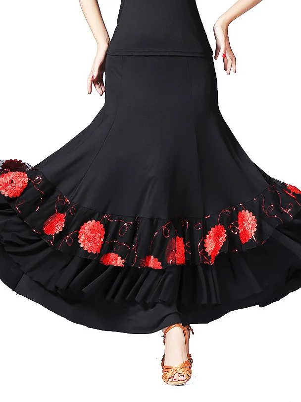 Women Flamenco Ballroom Practice Dress Spanish Fancy Belly Dance Wear Sequin Flower Embroidery Ruffle Big Wing Gypsy Stage Skirt