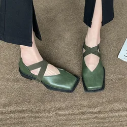 Flats Mary Jane Flat Green Normal Leather Casual Women's Shoes Square Toe Japanese Style Lolita Ladies Footwear Gothic Fashion A