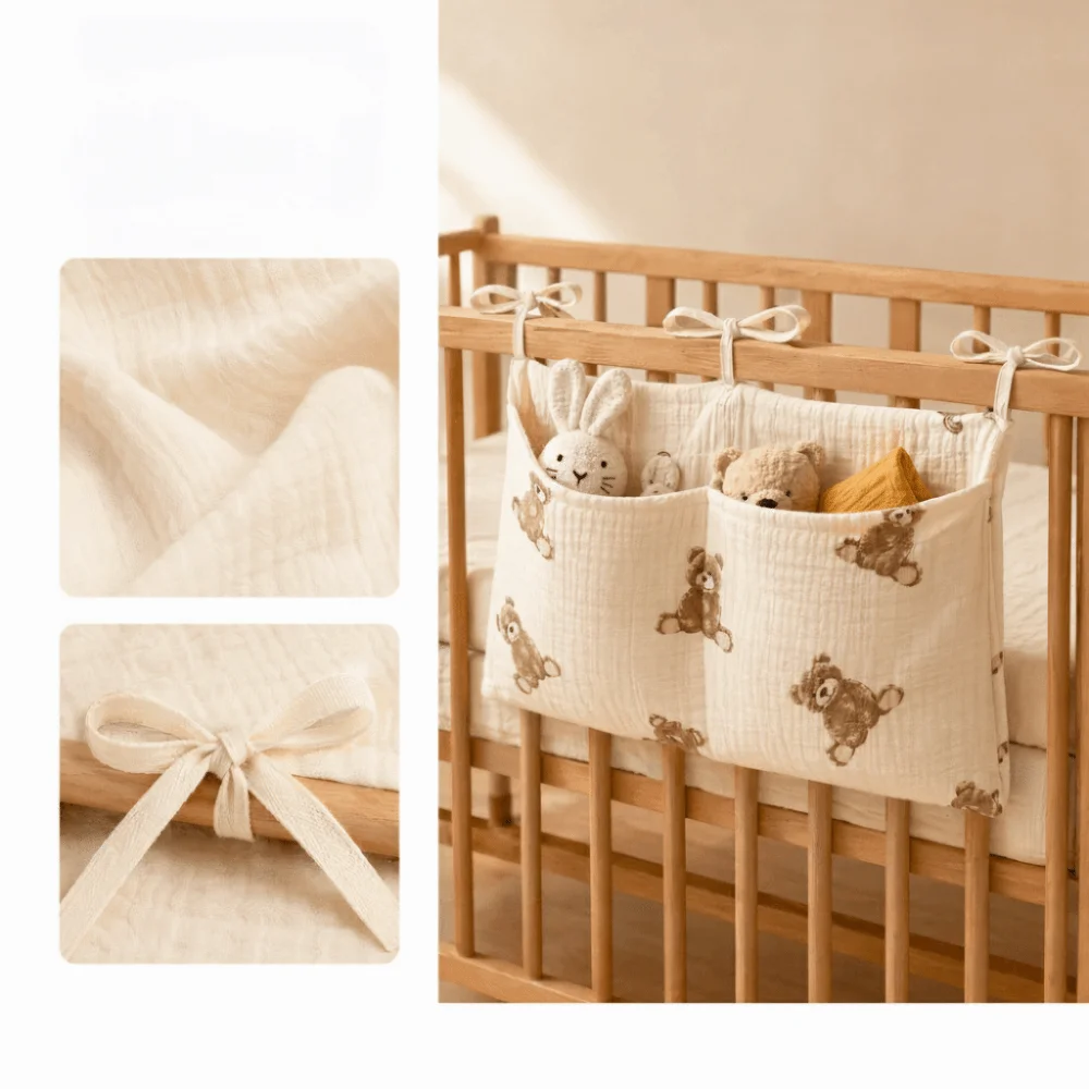 Double-Layer Children's Storage Bag Pure Cotton Double Pocket Baby Crib Hanging Bag Multifunctional Foldable