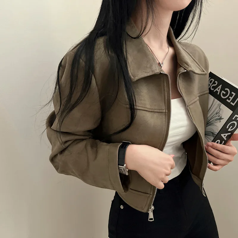 Neploe Fashion All-match Leather Velvet Jackets 2024 Autumn Winter Zipper Coat Women Y2k Slim Fit Long Sleeve Tops Mujer