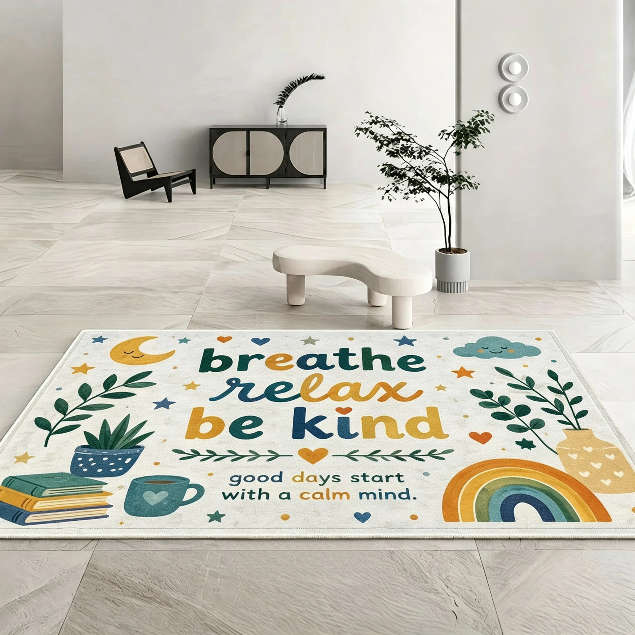 Boho Inspirational Quote Printed Decorative Rug Positive Slogan Rainbow Moon Plant Pattern  Floor Carpet for Living Room Bedroom