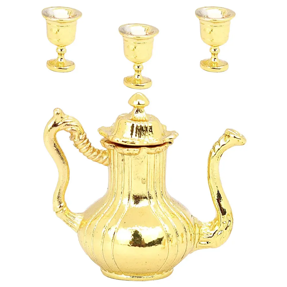 

1Set Miniature Tea Pot Set Compact Alloy Mini Teapot for Dollhouse Interiors Elegant Tiny House Decor Miniature Metal Tea