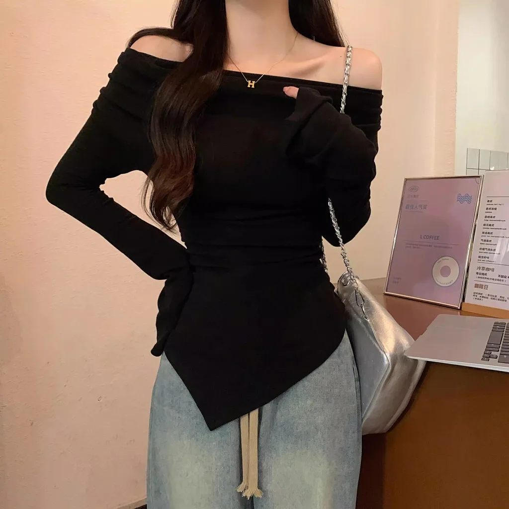 Damen Slim Fit Langarm-Oberteil mit Wasserfallausschnitt, Schulterfreies Design, Unregelmäßiger Saum, Bodycon-T-Shirt, Lässige Y2K Streetwear Bluse – Detail 7