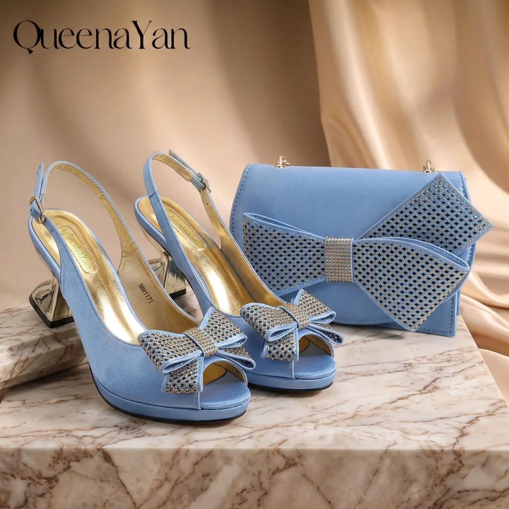 Sky Blue Satin Peep Toe Slingback High Heels Rhinestone Bow Decor Matching Chain Clutch Bag Set for Women Evening Party  Weddin