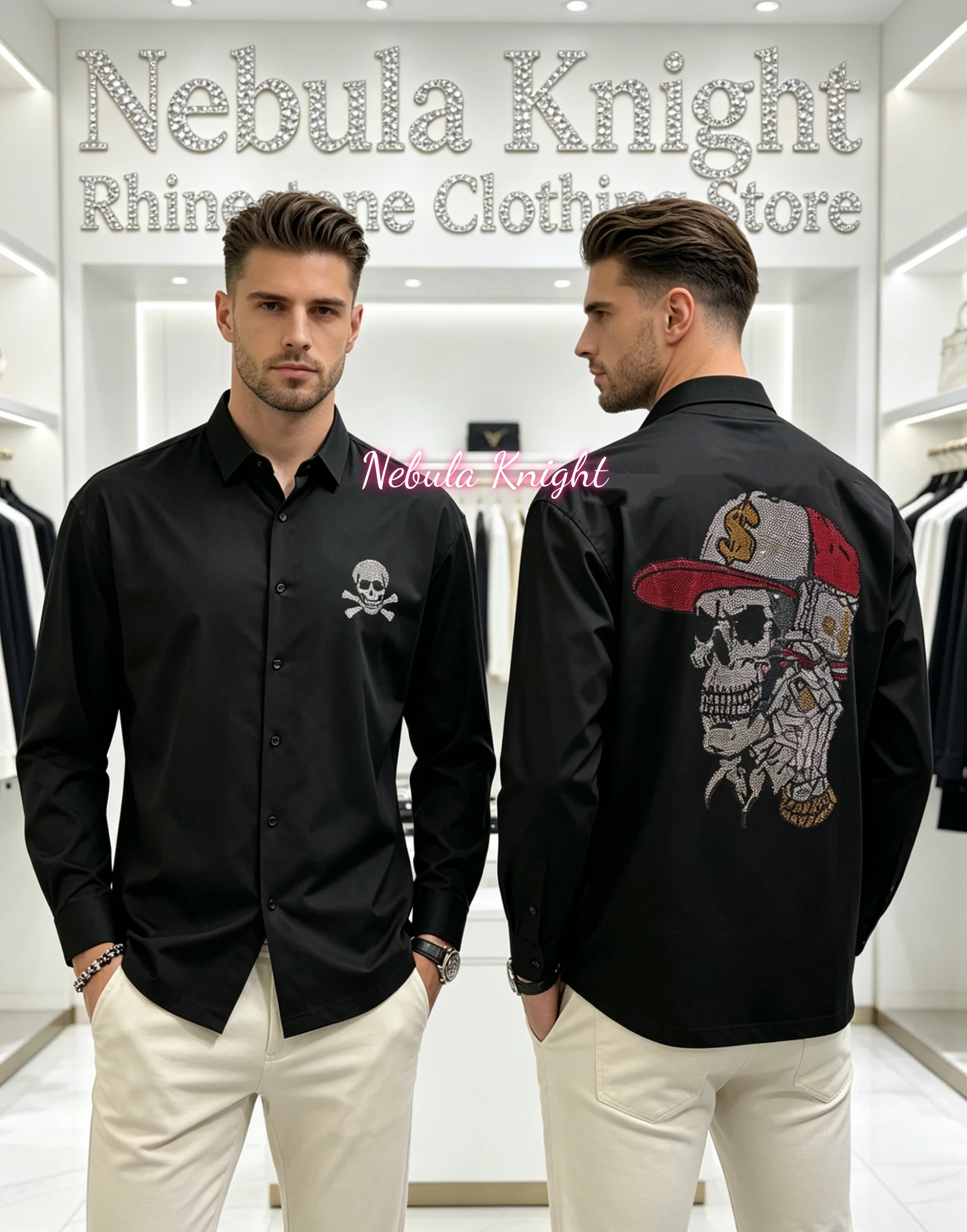 Men's Black Long Sleeve Shirt Rhinestone Skull Pattern Slim Fit Button down Casual Daily Top High Street Luxury