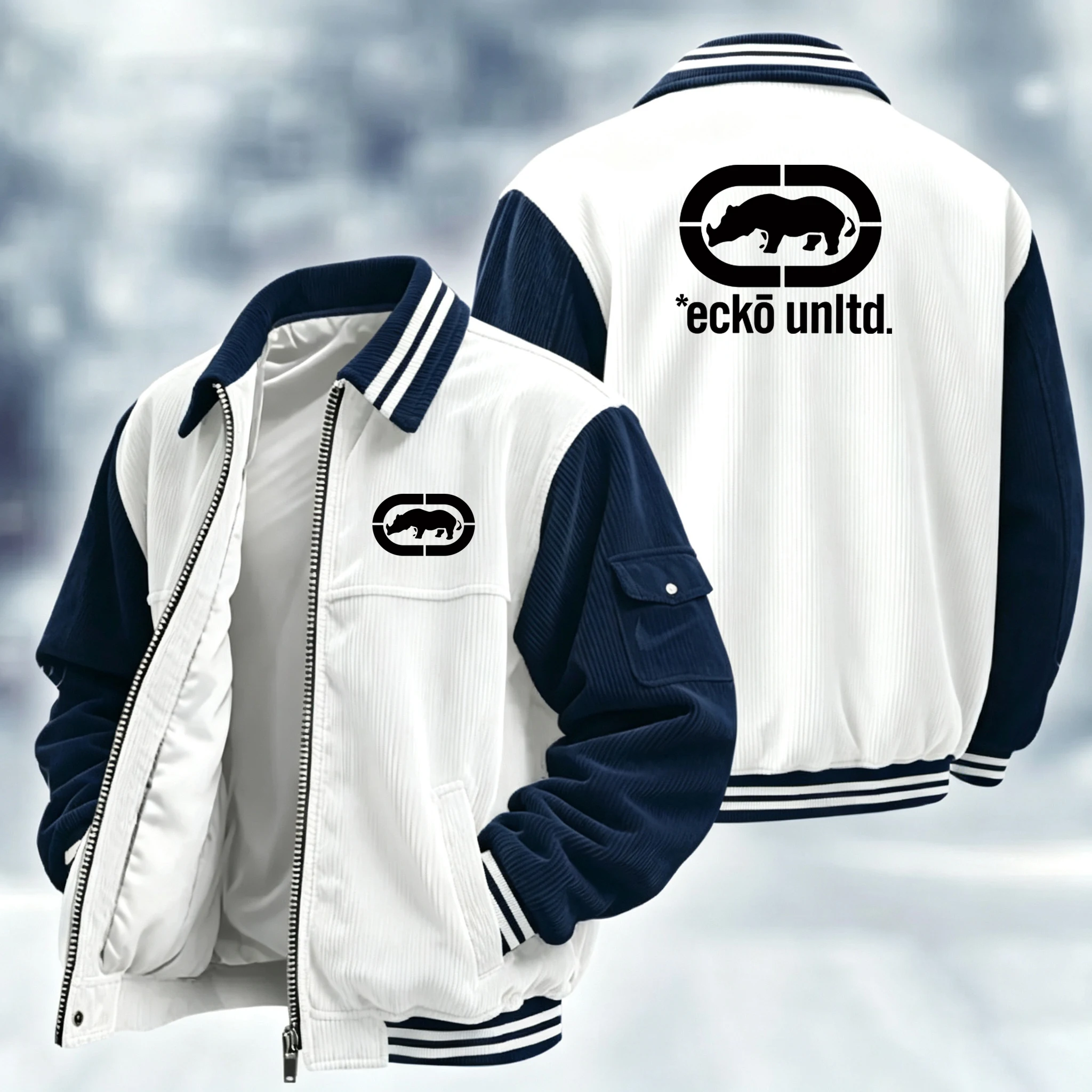 Men Ecko Unltd Jacket White Navy Patchwork Full Zip Striped Rib Collar Baseball Coat Hip Hop Streetwear Spring Autumn Casual Out