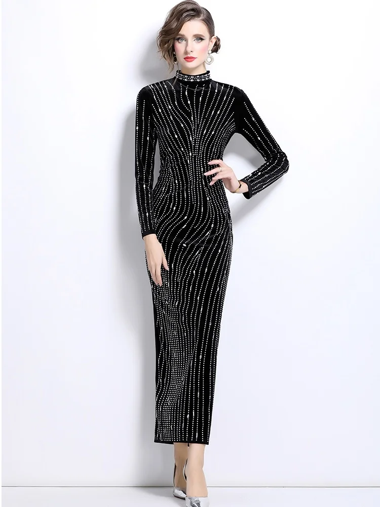 

SMTHMA Elegant Temperament Light Luxury Hot Diamond Velvet Dresses New Autumn Spring French Vintage Long Sleeve Dress