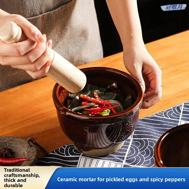 Traditional Style Wooden Stick Mortar Pestle with Dense Teeth for Grinding Eggplant Duckling Rice Paste Garlic Presser
