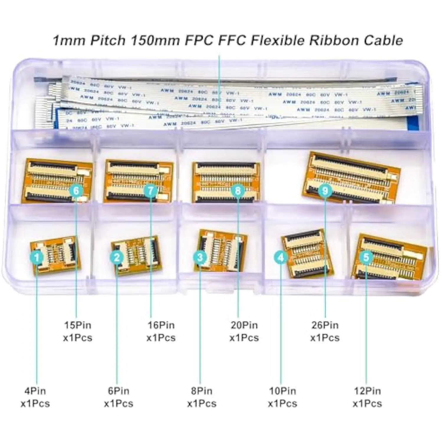 1mm Flexible Flat Cable & Extension Connector Aapter Kit, Pin to Pin 4/6/8/10/12/15/16/20/26Pin PCB Convert Adapter & 150mm