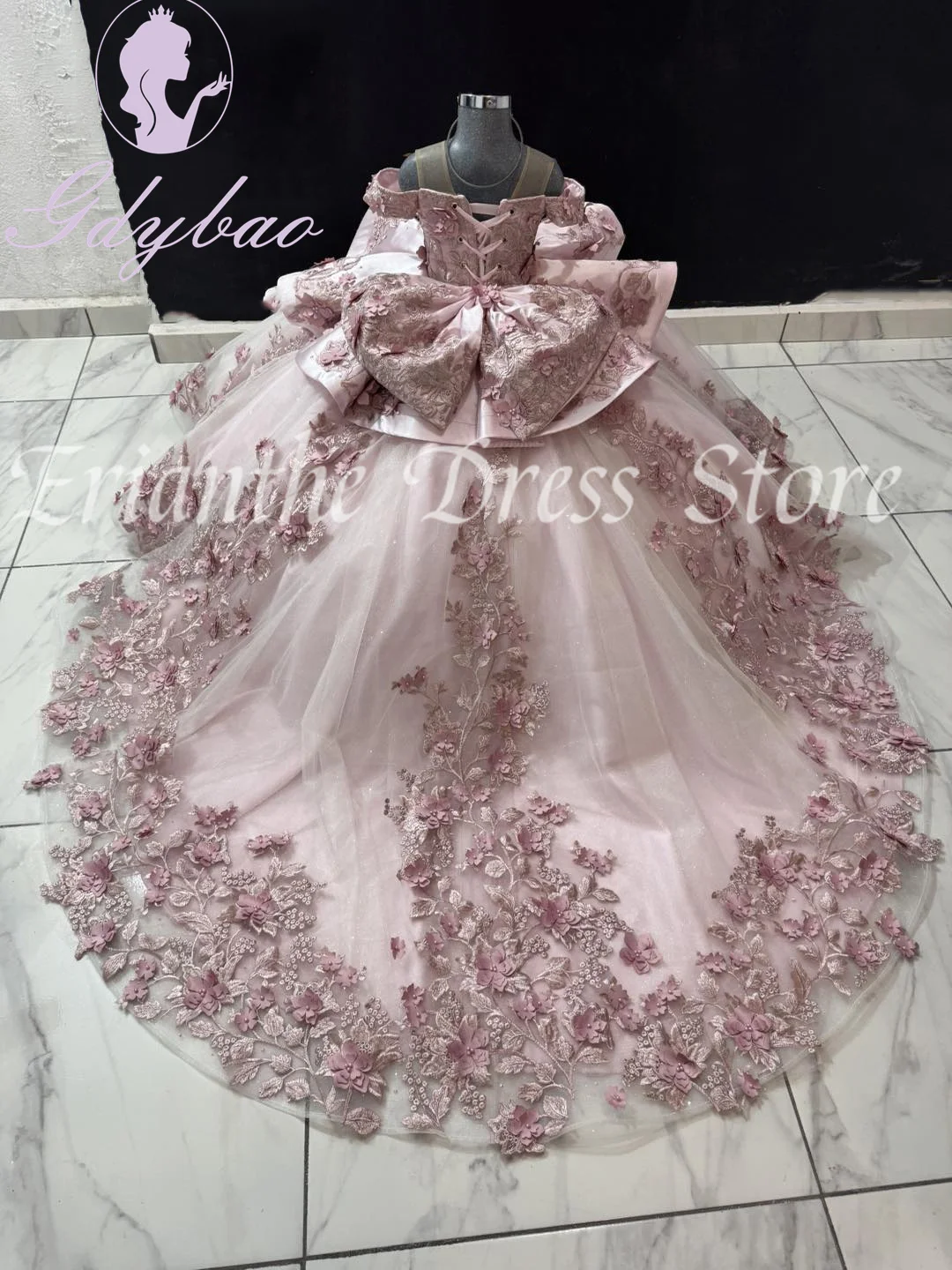 Pink Flower Girl Dress For Wedding Applique Tulle Puffy With Bow Princess Kids Birthday Party First Communion Ball Gowns Custom
