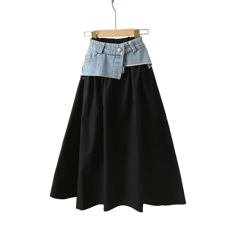 Korean Child Long Patchwork Denim Skirt For Teens Girls Elegant Summer Streetwear Clothing Kids  High Waist A Line Black Skirt