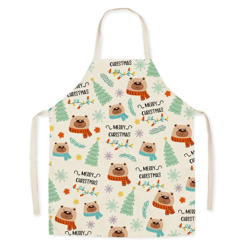 Christmas Deer Print Cleaning Apron Cotton Linen Adult Bib Coffee  Home Cooking Santa Kitchen