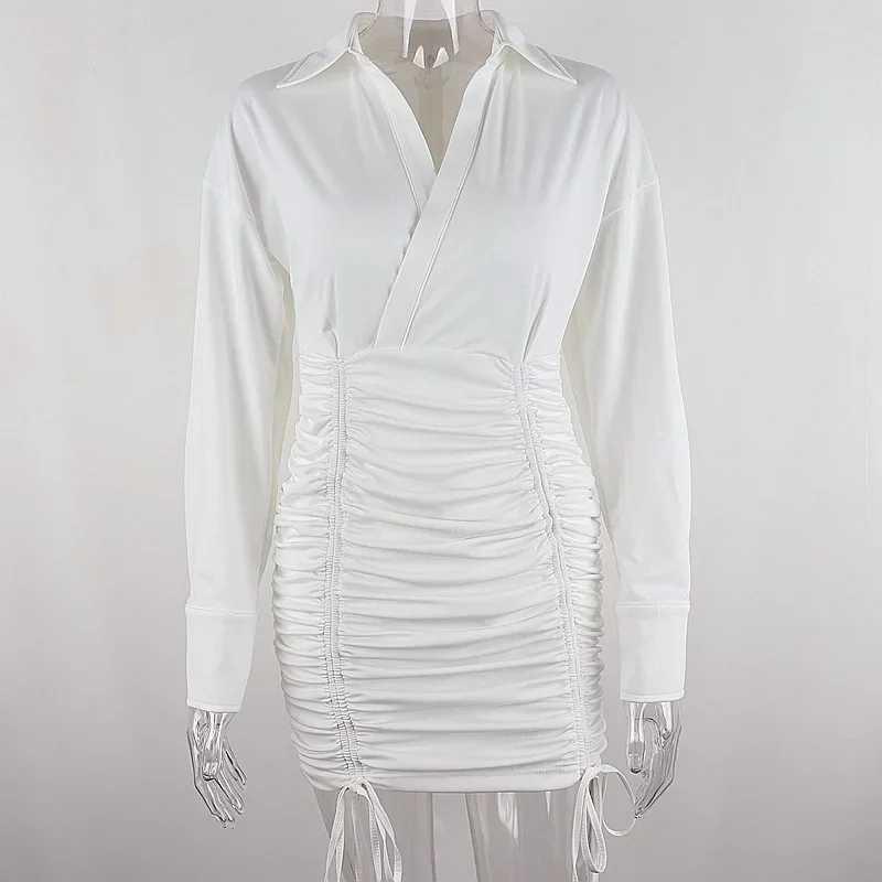 Ladies Fashion Autumn Drawstring Ruffle Shirt Dress Autumn and Winter Long Sleeve Lapel Dress Club Party Streetwear 2022