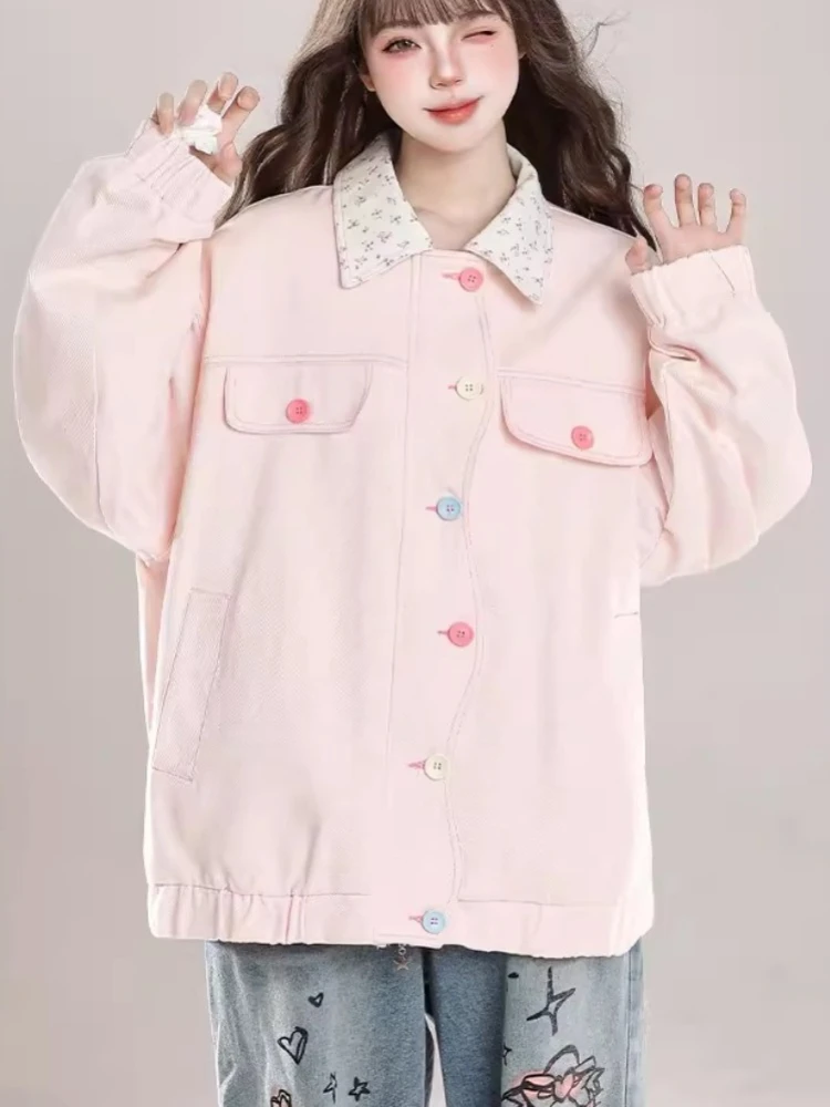 Chic Kawaii Baseball Denim Jackets Women Floral Printed Patchwork Button Up Casual Coat Top Fashion Autumn Winter Clothes