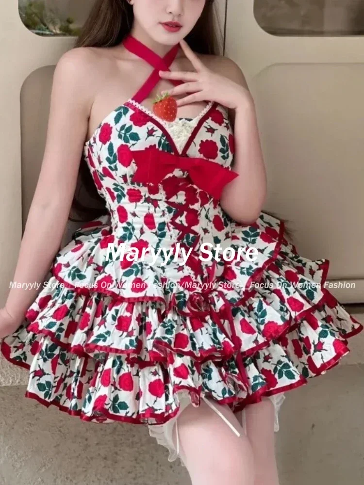 Vestido de princesa Lolita para mujer, minivestido Vintage elegante con lazo y estampado de flores para fiesta, Sexy y ajustado, Verano