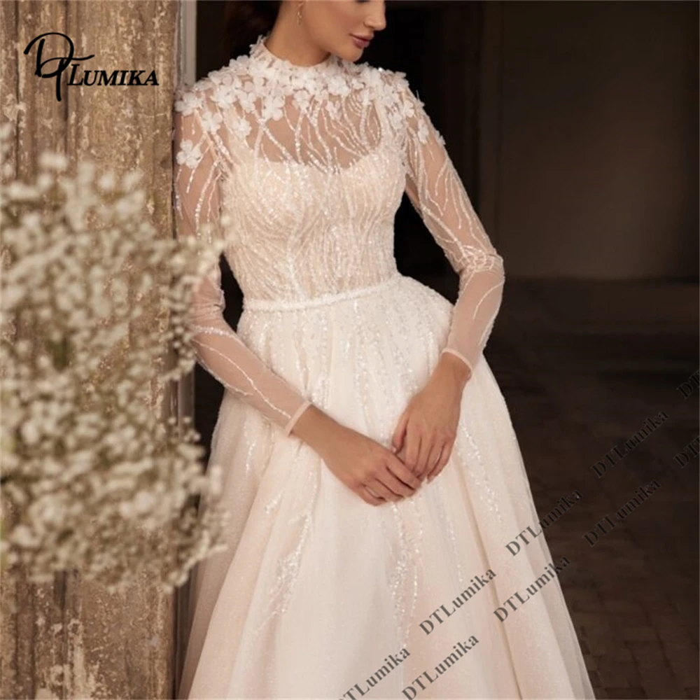 

DTLumika Sheer Full Sleeve Women's Wedding Dress High Neck Beaded Appliques A Ling Long Bride Dresses Customizable Bridal Gown