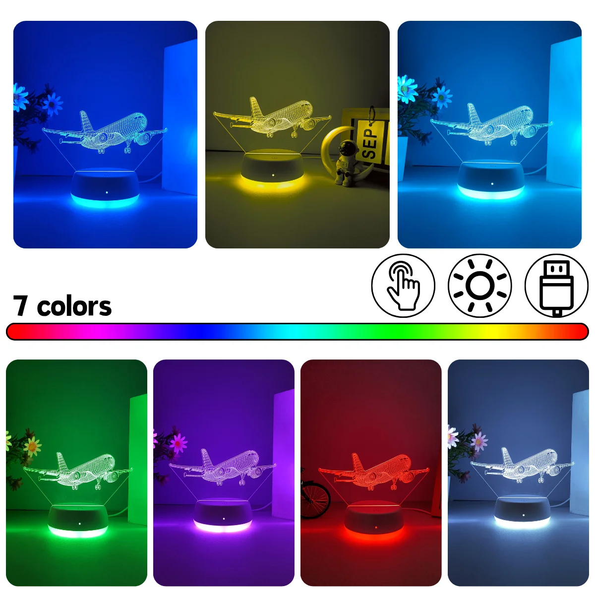1 قطعة ضوء ليلي ثلاثي الأبعاد للطائرة، مصدر طاقة USB، قاعدة مضيئة، مناسبة لغرفة النوم وغرفة المعيشة، مفتاح لمس، سبعة ألوان.