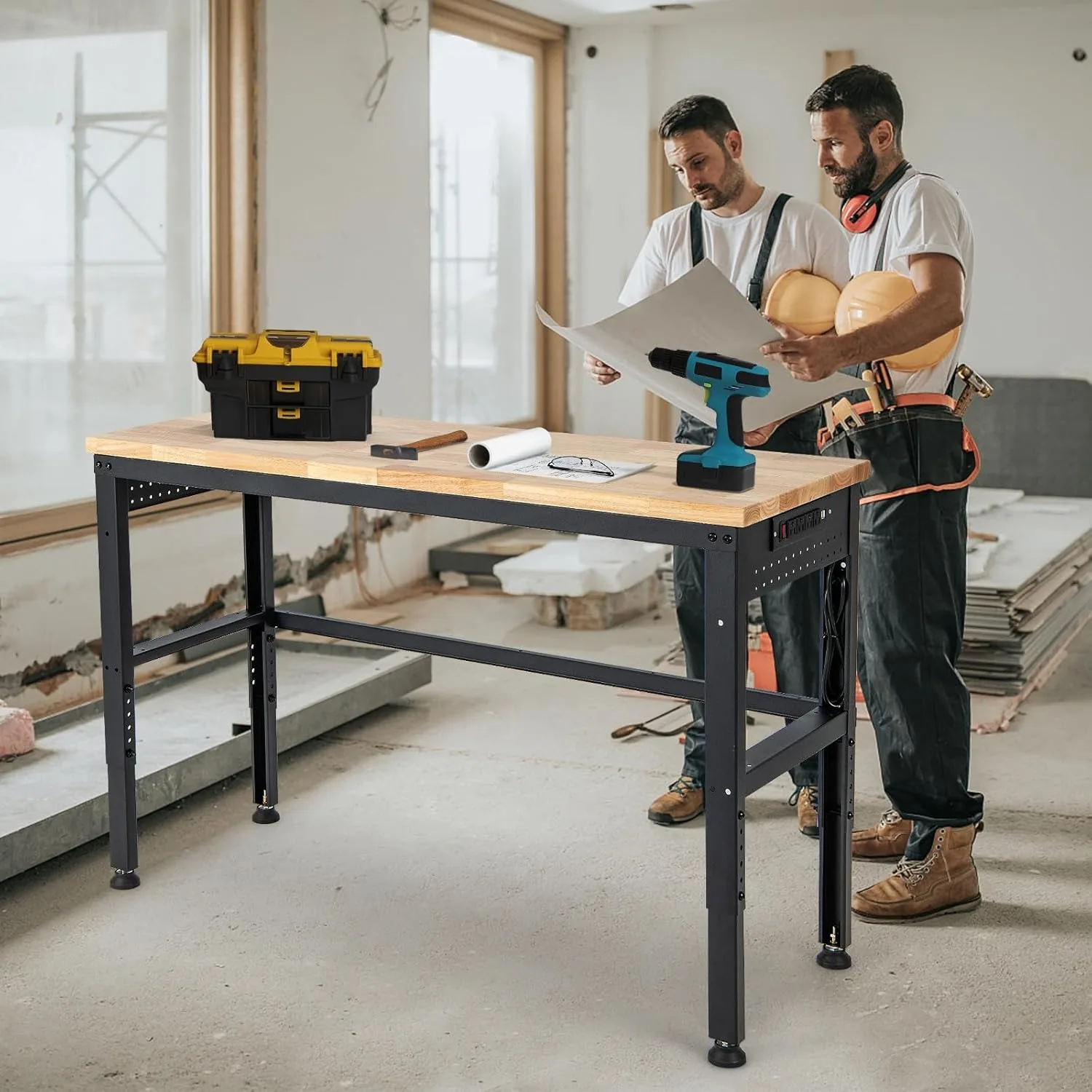 53’’ Adjustable Work Bench, 1760 LBS Heavy Duty Oak Wood Table Top Workstation w/Power Strip & 12 Hooks, 5 Different Height