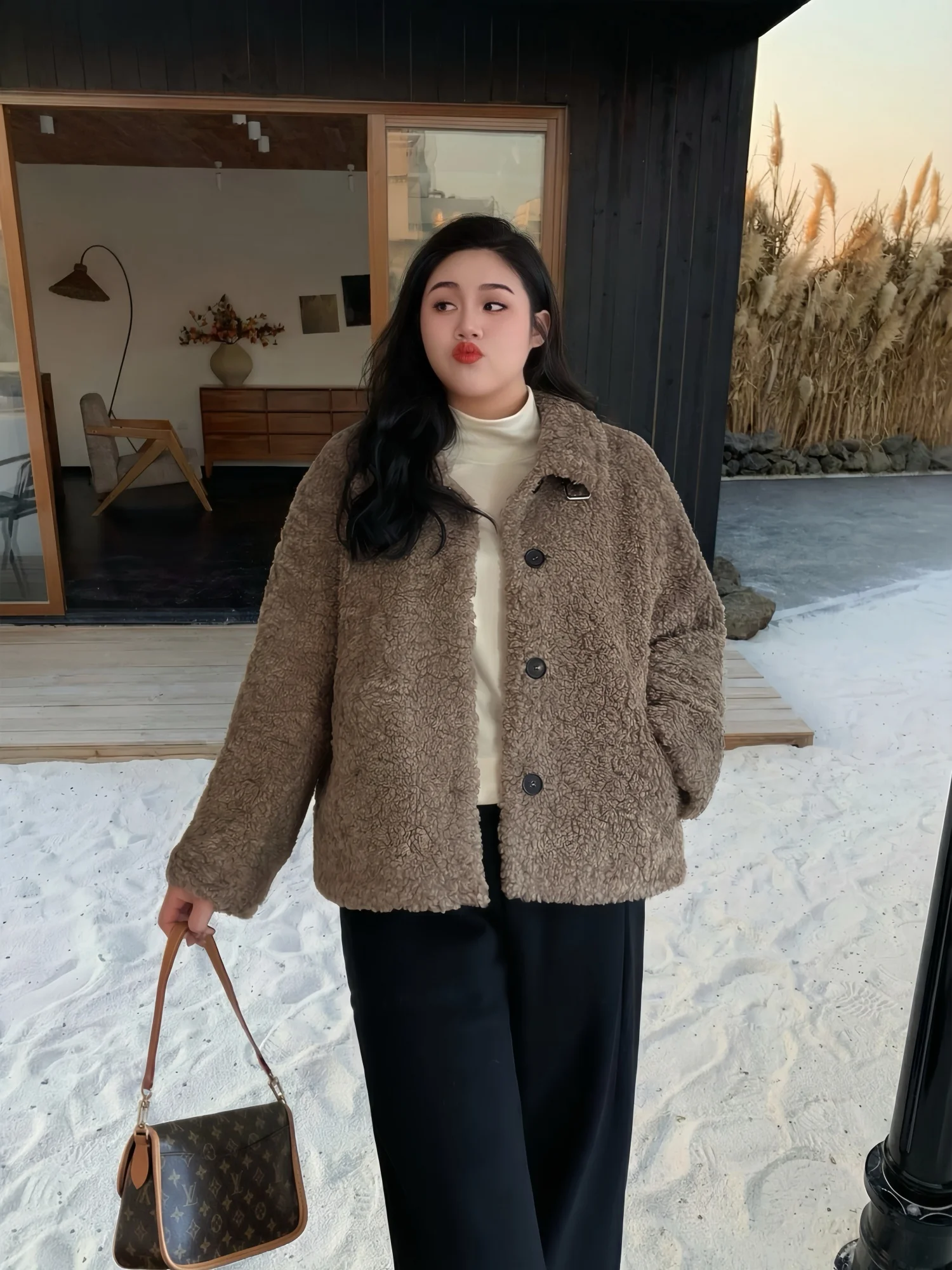 

Lamb Fur Jaet plus Size Women's Faionable Versatile Loose Warm Stand Collar All Seasons Outerwear for Various Body pes