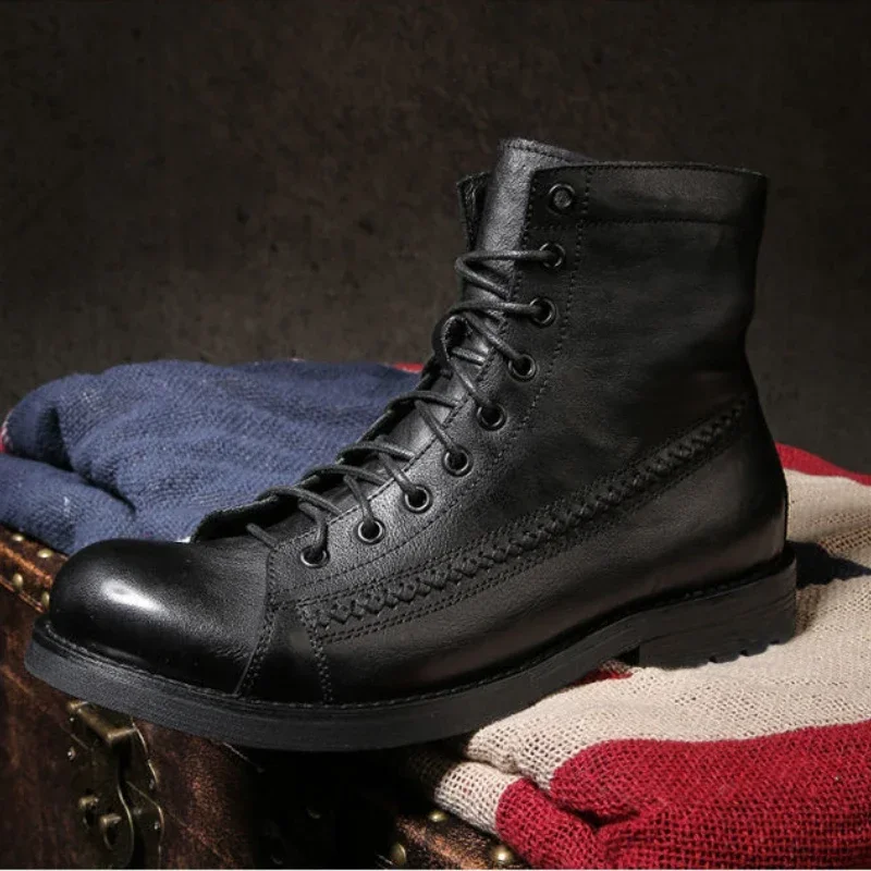 Botas Retro hechas a mano para hombre, Botines de cuero con punta pulida, Zapatos altos informales, botines de plataforma para motocicleta, novedad