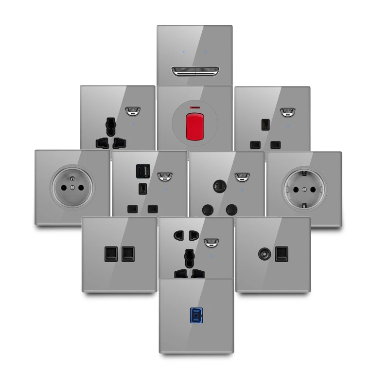 

Серый стандарт ЕС UK FR, стеклянная светодиодная индикаторная розетка, настенный светильник, универсальная розетка с автоматическим сбросом, 1/2/4-канальная, 13 А, 220 В