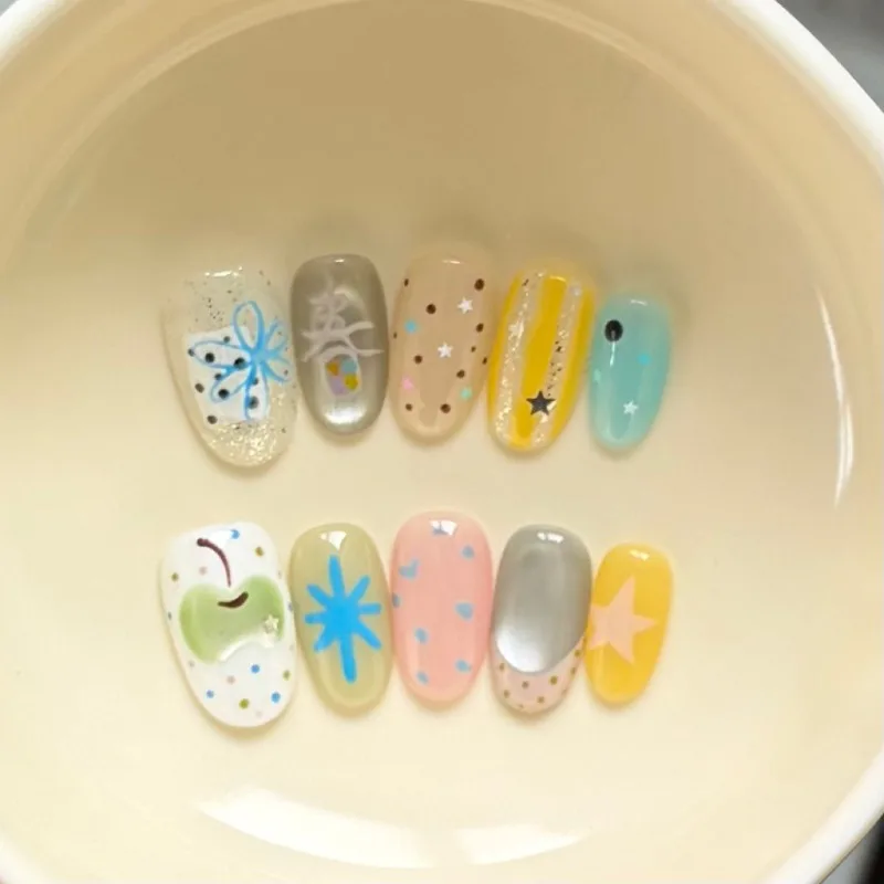 

10PCS Fresh Colorful Short Oval Handmade Press on Nails Cute Apple Polka Dots French False Nails Sweet Pink Star Wearable Nails