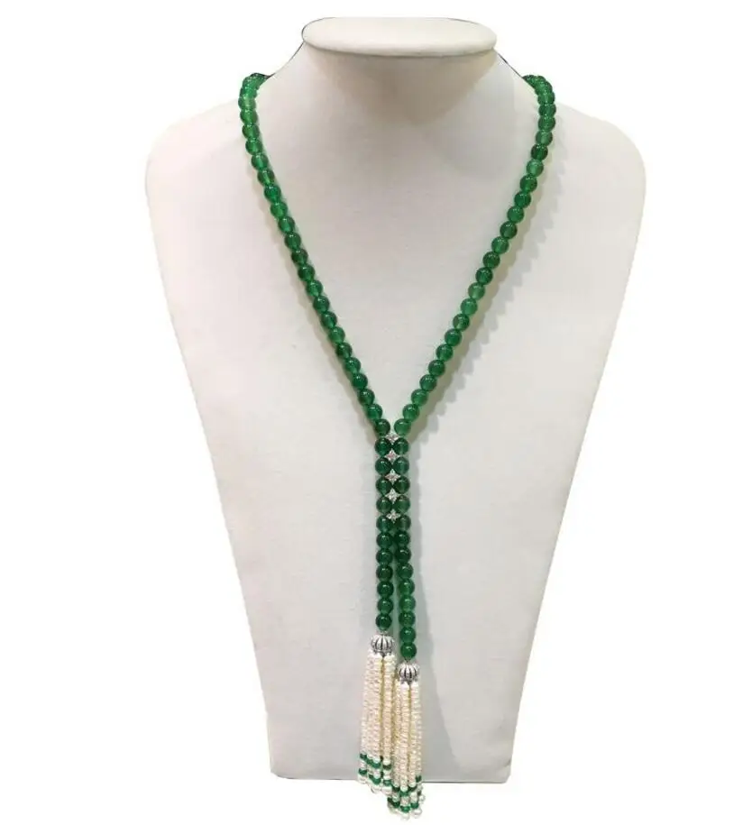 

Jewelry Super beautiful natural 8mm green jade freshwater pearl tassel necklace