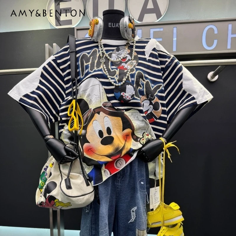 

2026 Spring Summer New Arrival Premium Striped Patchwork Cartoon Short-sleeved T-shirt Women's Fashionable Oversized Top Tshirts