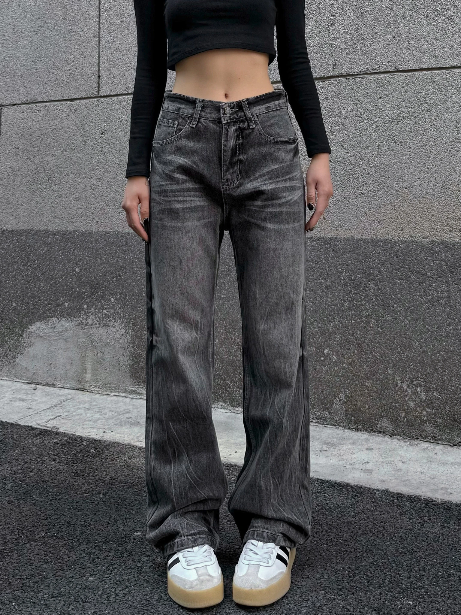 

BAOER American Retro Slim Fit Jeans Bla ey Straight Leg Waed Vintage Casual Long Pants Women's Loose Wear Resistant