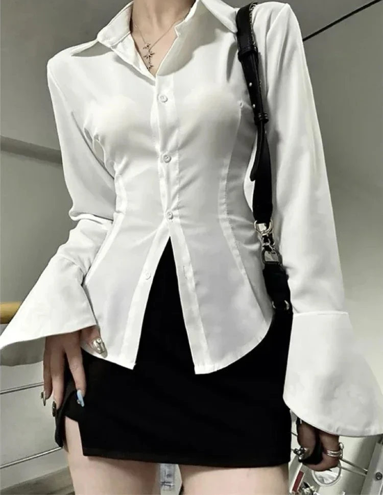 

Spring Trend New Lady Sexy Slim Flared Sleeve Women's Shirt Solid Lapel Single-breasted
