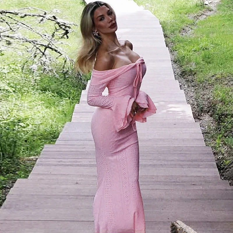 Ticketsx Solid Hollow ชุดสตรี Flare แขนยาวหนึ่งไหล่เซ็กซี่ชุดหญิงชุดราตรี Ruched Slim Dresses