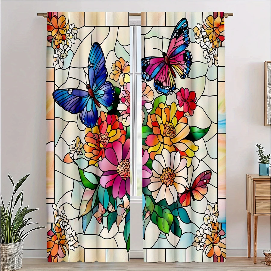 2PCS Digital Print Sheer Curtain, Stained Glass Butterfly Flowers, Modern Home Decor Sheer Curtain for Bedroom Living Room