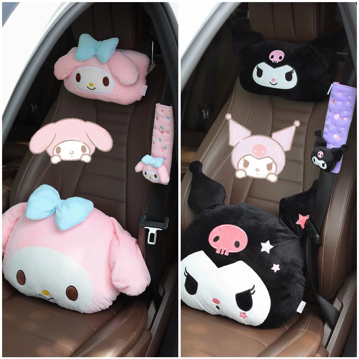 Sanrio Cartoon My Melody Car Headrest Safety Seat Belt Cover Stuffed Anime Kuromi Back Cushion Car Decor Throw Pillow Gifts