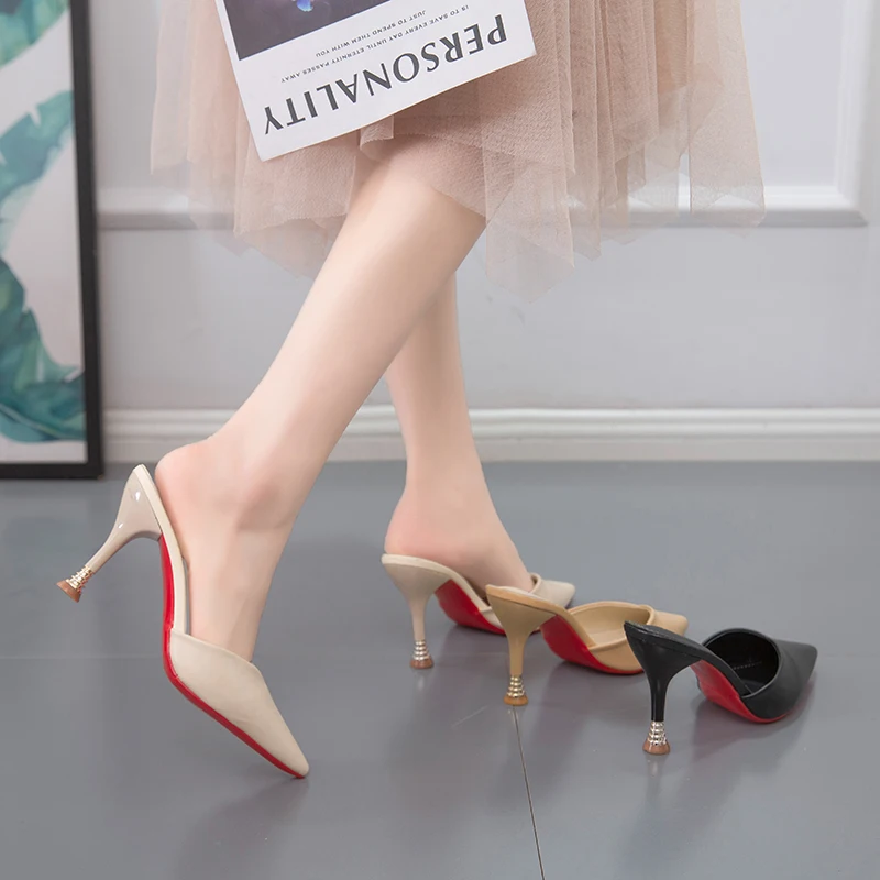 

Новые женские универсальные тапочки на тонком каблуке с острым носком, летние крутые тапочки, уличные тапочки Faion на высоком каблуке oes