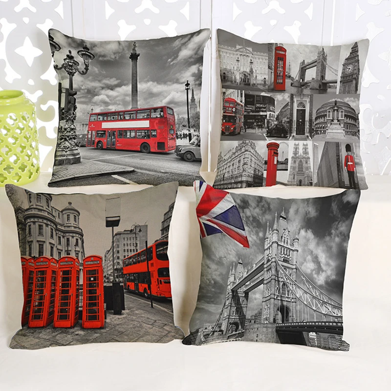 

Vintage UK London Phone Booth Pillow Case Decorative Cotton Linen Big Ben Art British Fashion Sofa Throw Pillows Cushion Cover