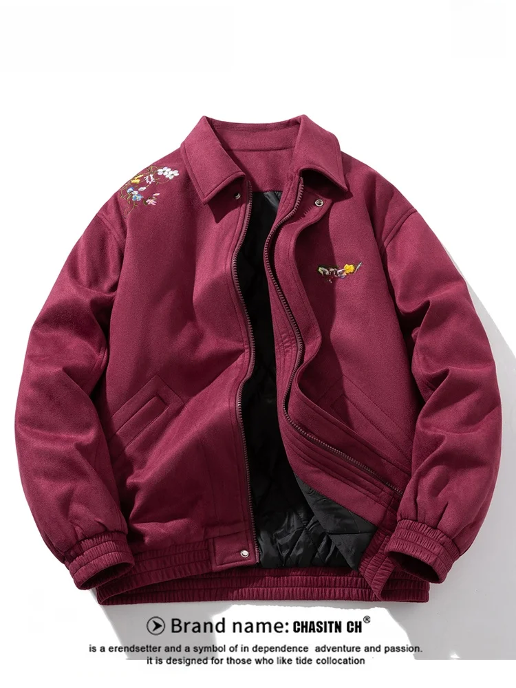 

Red Embroidered Suede Jaet Men's Loose Fit Casual Sle Windproof Youth Faion Outerwear for New Year Autumn Winter Season