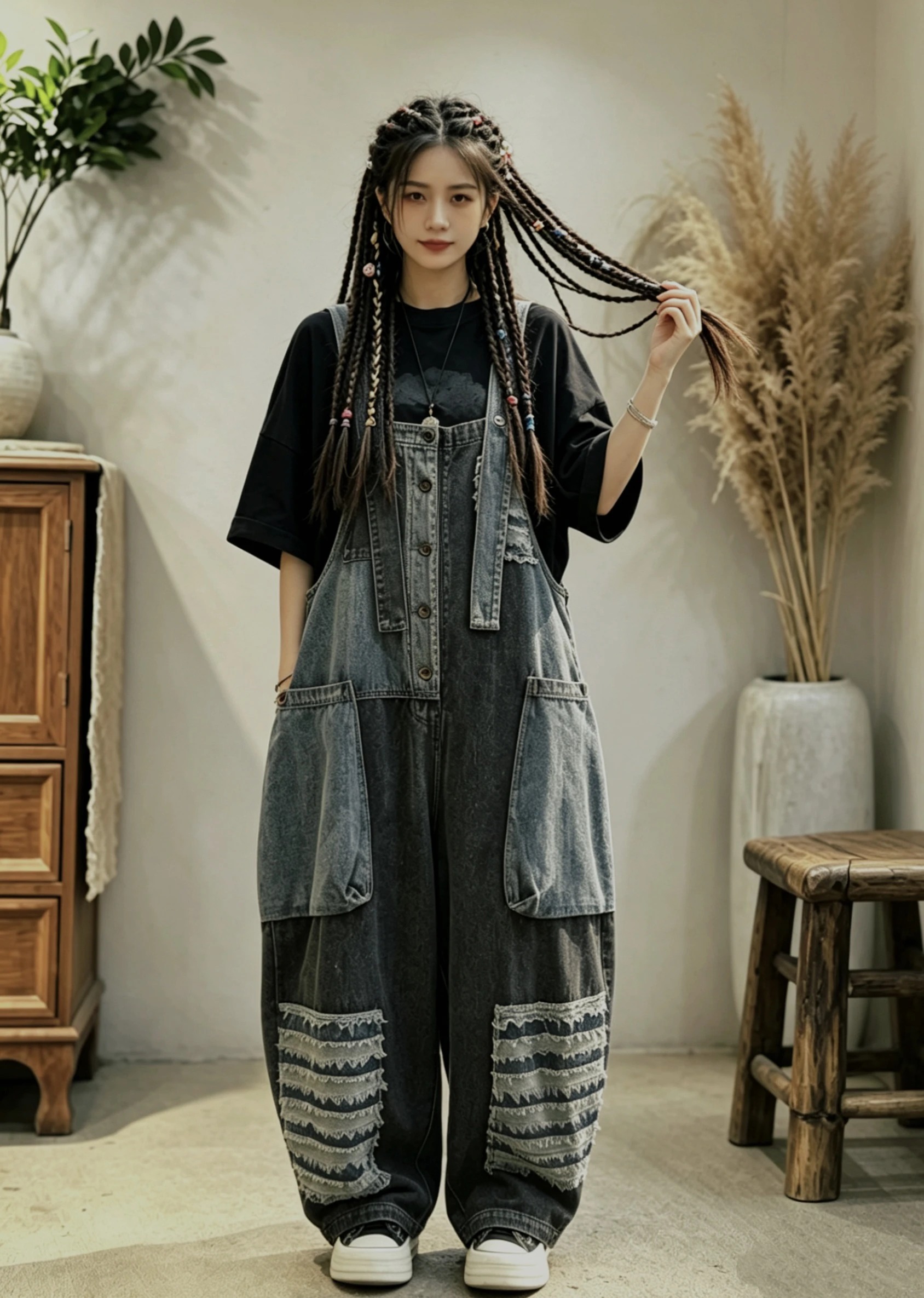 Retro Distressed Patchwork Denim Overalls Women's Loose Casual Personalized Halter Long Pants Vintage Style Workwear Cotton