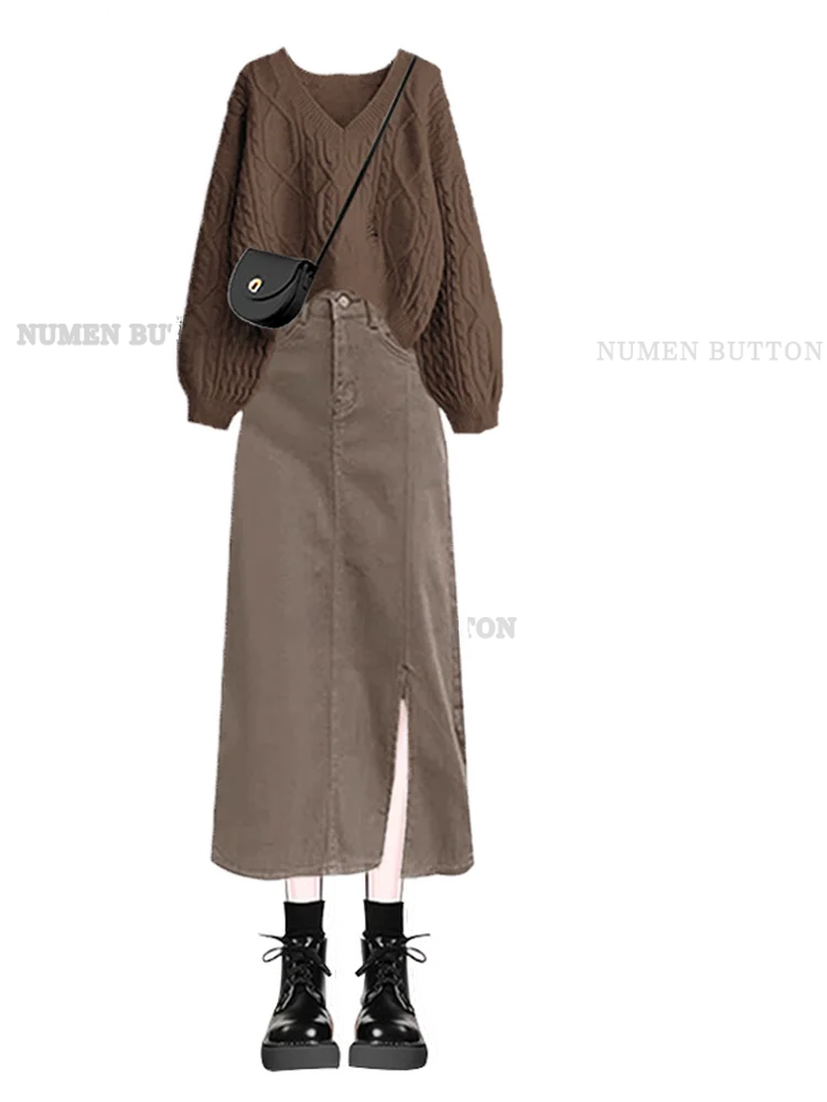 Vroege herfst vintage damesfaion-set met V-hals trui en spijkerrok met split, middeldun lang Sve-T-shirt