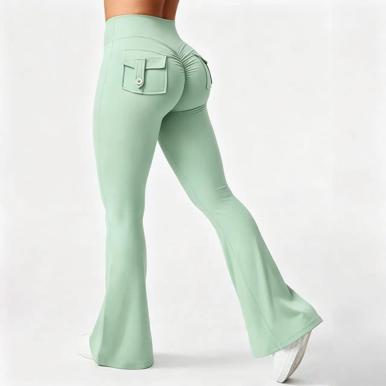 Damen Cargo-Taschen Flare Yoga-Hose mit hoher Taille, Po-Lifting-Effekt, dehnbare, schmale Bootcut-Leggings für Workout, Fitness, Sport und Freizeit – Detail 8