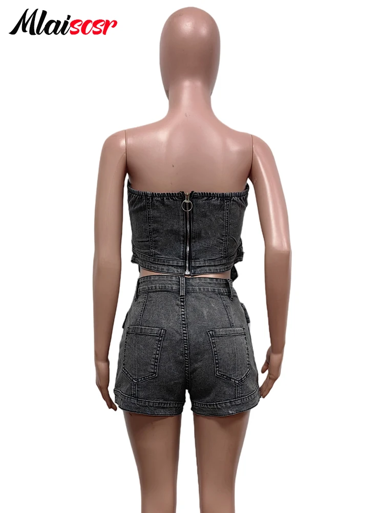 Mlaiscsr Black Stretch Denim Pocket Women Two 2 Piece Set Strapless Tops and Shorts Jean Matching Hipster Club Birthday Outfits