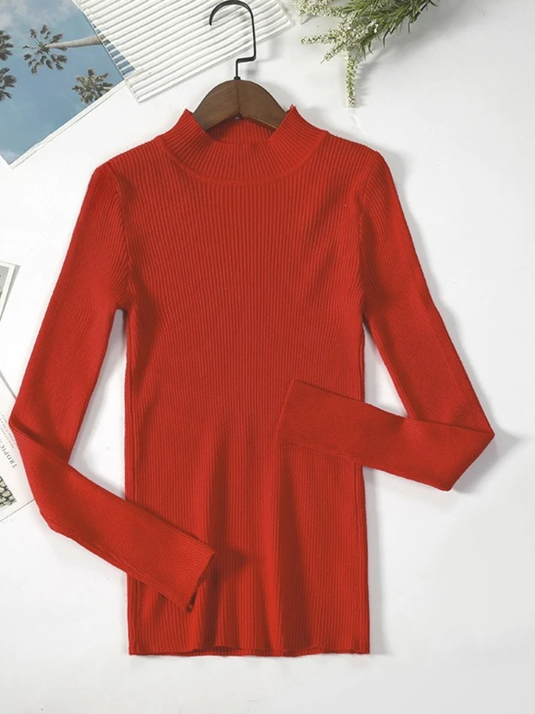 Novità in autunno inverno donna manica lunga lavorata a maglia collo mezzo alto maglione a costine morbido caldo maglione femme pullover vestiti