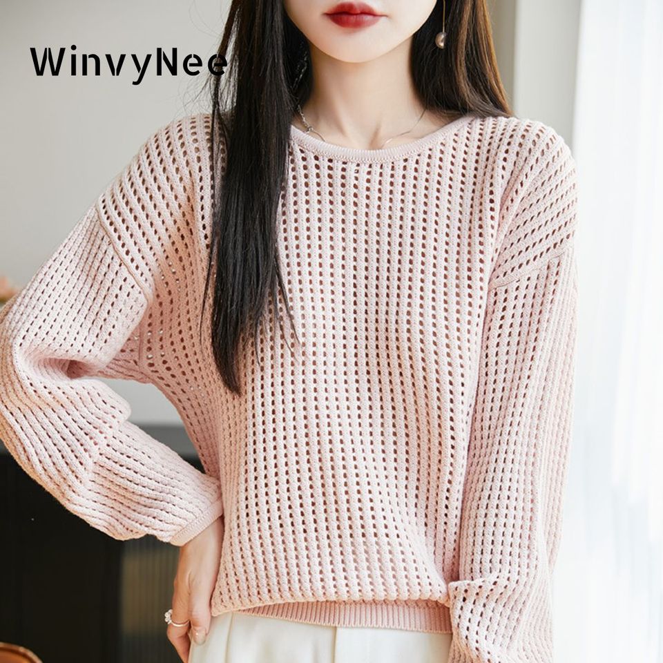  WinvyNee Summer Women's T-shirt Cotton Long Sleeve O Neck Hollows Clothing Solid Top Casual Pullover Female Tops Y2K A1092010A 