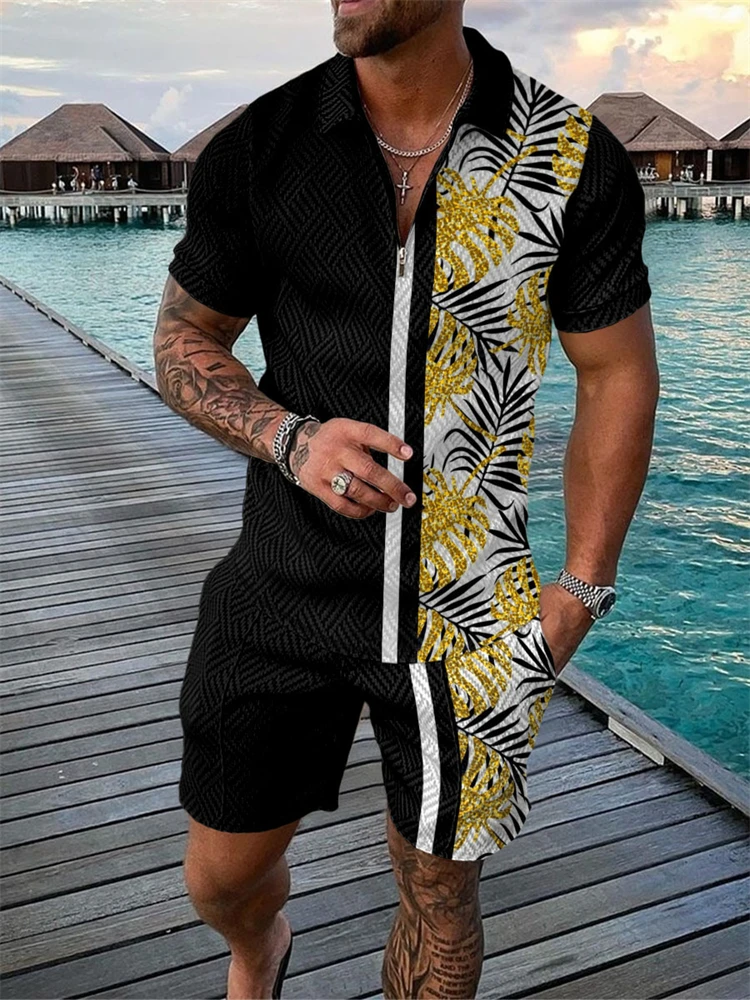 Casual Palm Leaf Print Polo Shirt Short Sleeve Shorts Set New Summer Zipper Short Sleeve Shorts Two Piece Vacation Pool Suit