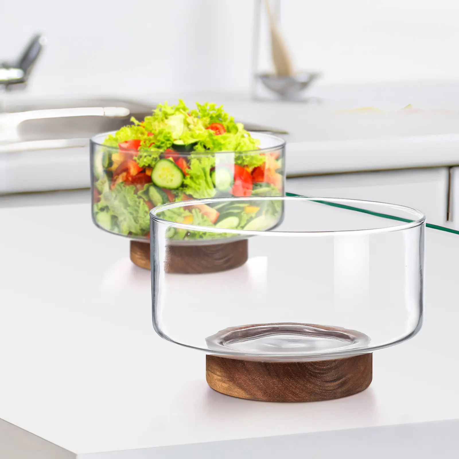 

Стеклянная ваза для фруктов в японском стиле, прозрачный контейнер для салата, десертов и закусок, с деревянной подставкой, многофункциональная чаша для дома и свадеб
